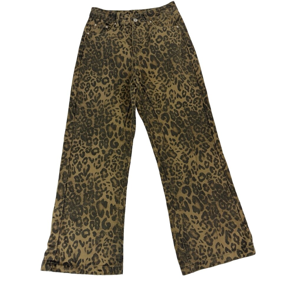 Delfric Eden Leopard Print Wide Leg Jeans Womens 29 High Rise Animal Print Stree - Picture 1 of 11